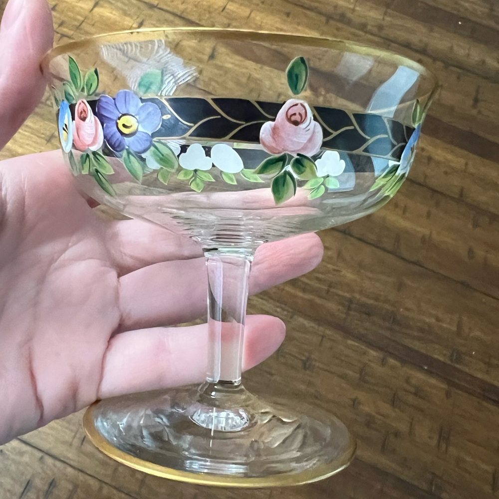 Heisey Floral Hand Painted Sherbet Glass with gold trim